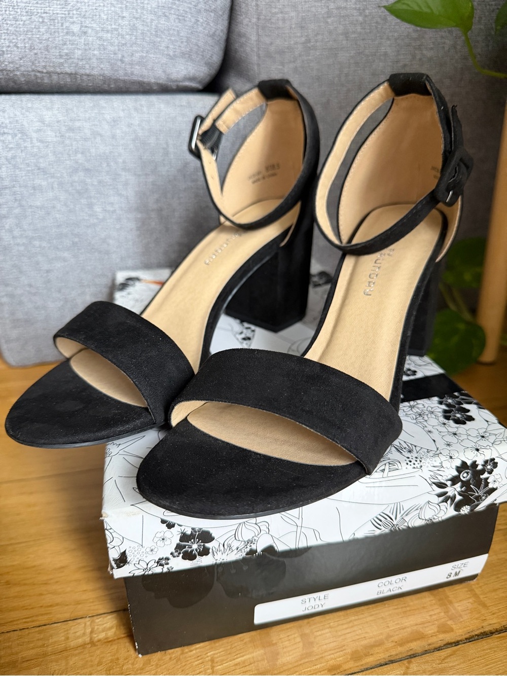 CL by Laundry Black Suede Ankle Strap Block Heel Sandals